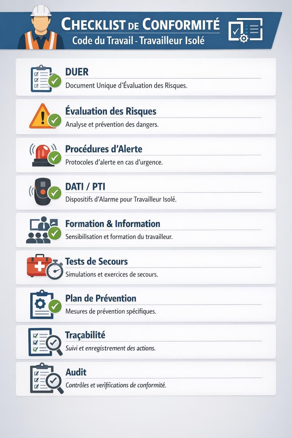 Check list 2026 sur le Code du travail et la sécurité des travailleurs isolés, avec toutes les règles et bonnes pratiques à connaître.